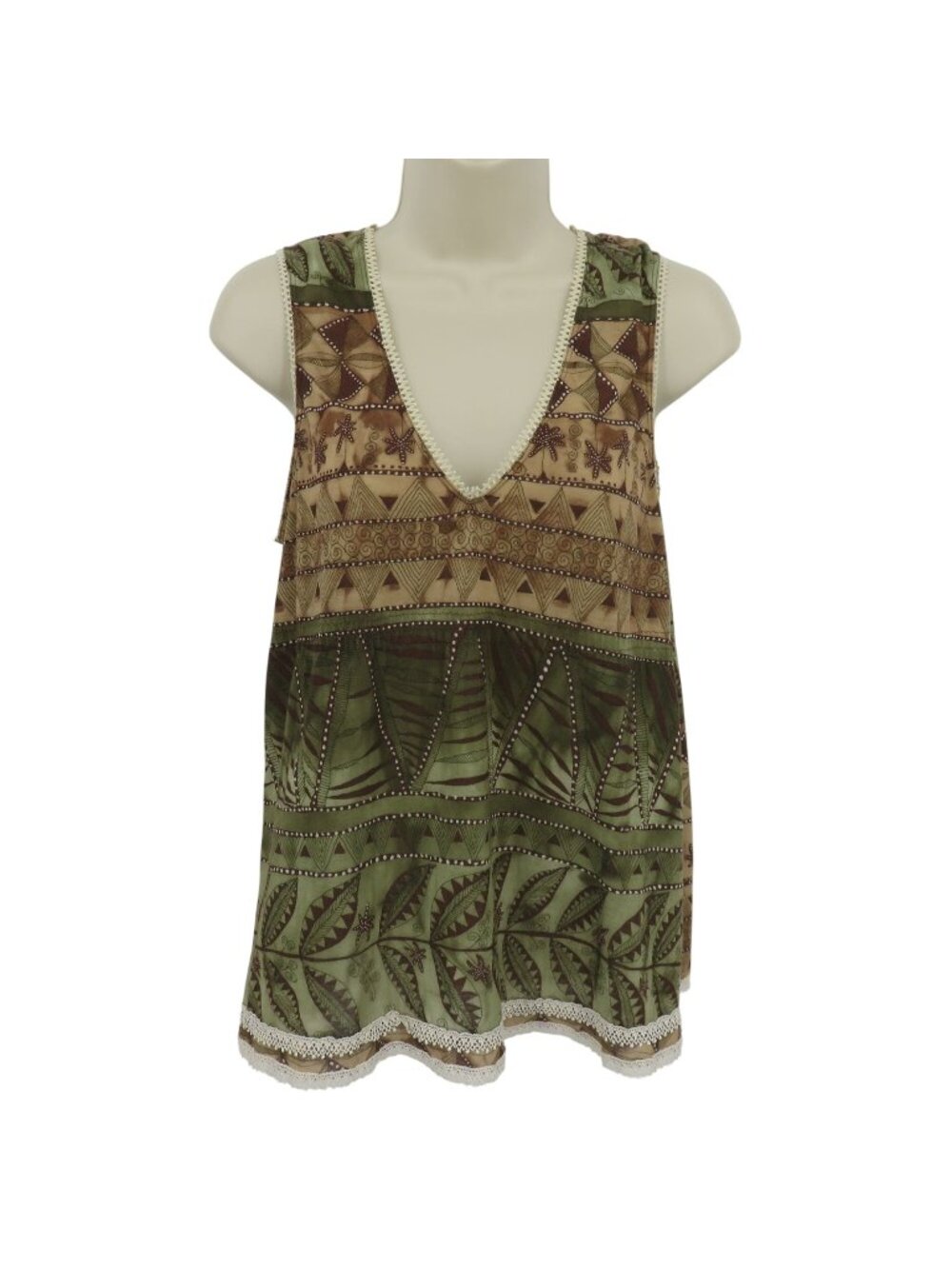 Y2K Self Esteem Juniors Large Brown Green Tribal Geometric Ribbon Trim Tank Top